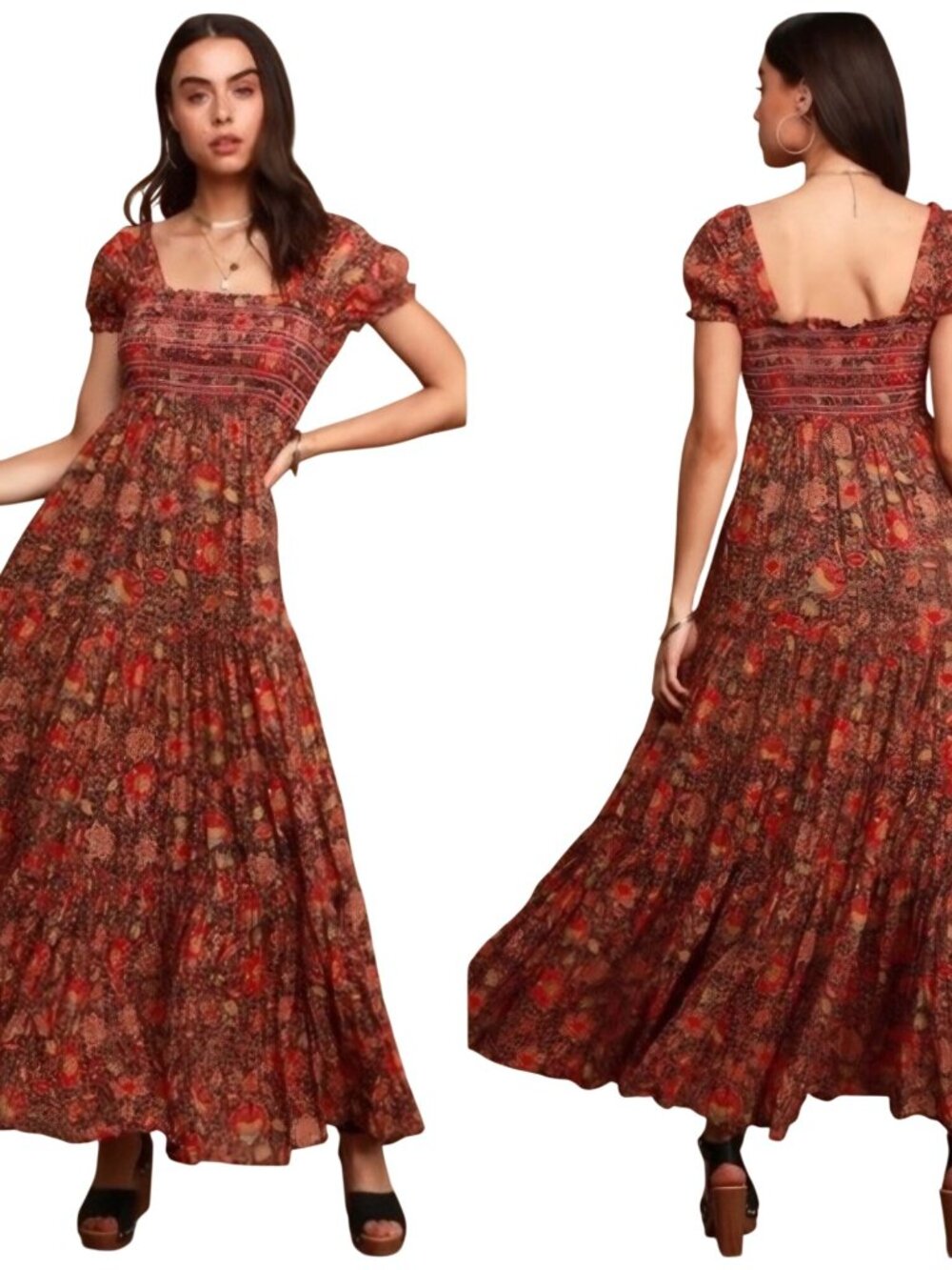 Free People Getaway Maxi Dress Red Floral Empire Puff Sleeve Flounce Hem Size L